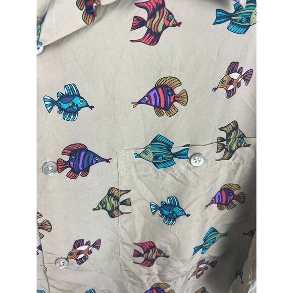 Riscatto 100% Silk Men's 2X Novelty Tropical Fish Print Button Up Collared Shirt - Picture 5 of 7